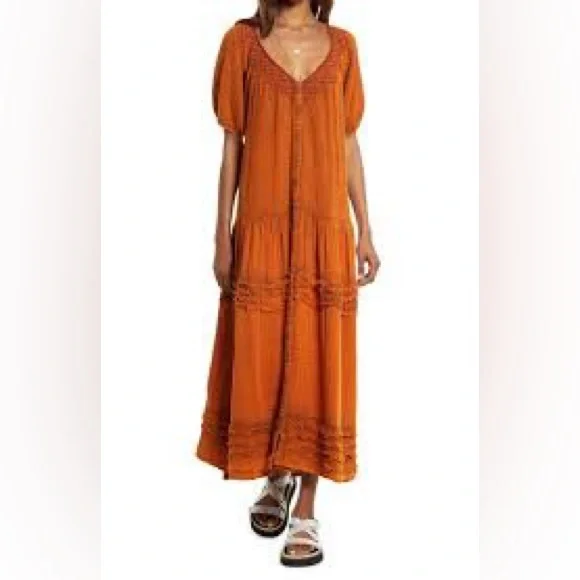 Free People Sunday Stroll smock Brown Bohemian Maxi Dress in Vintage Wash sizeXL - Picture 10 of 12